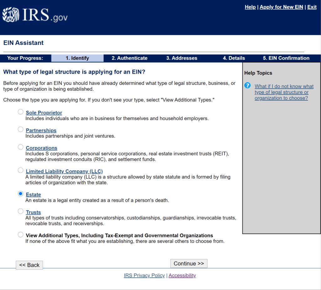 Step 2 of how to Apply for an Estate EIN or TIN on the irs.gov website online